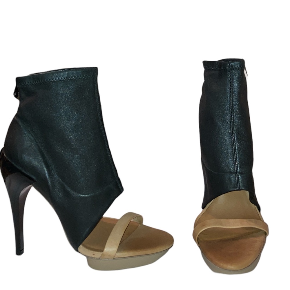 All Saints Stretch Leather Open Toe Heels Platform Booties